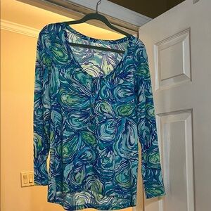 Blue & Green Swirl Long Sleeve Scoop Neck Top